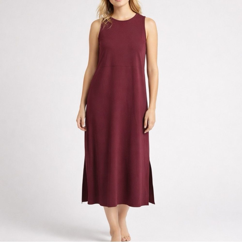 L.L. Bean Traveler Sleeveless Dress Burgundy Small Petite Sp Side Slit
